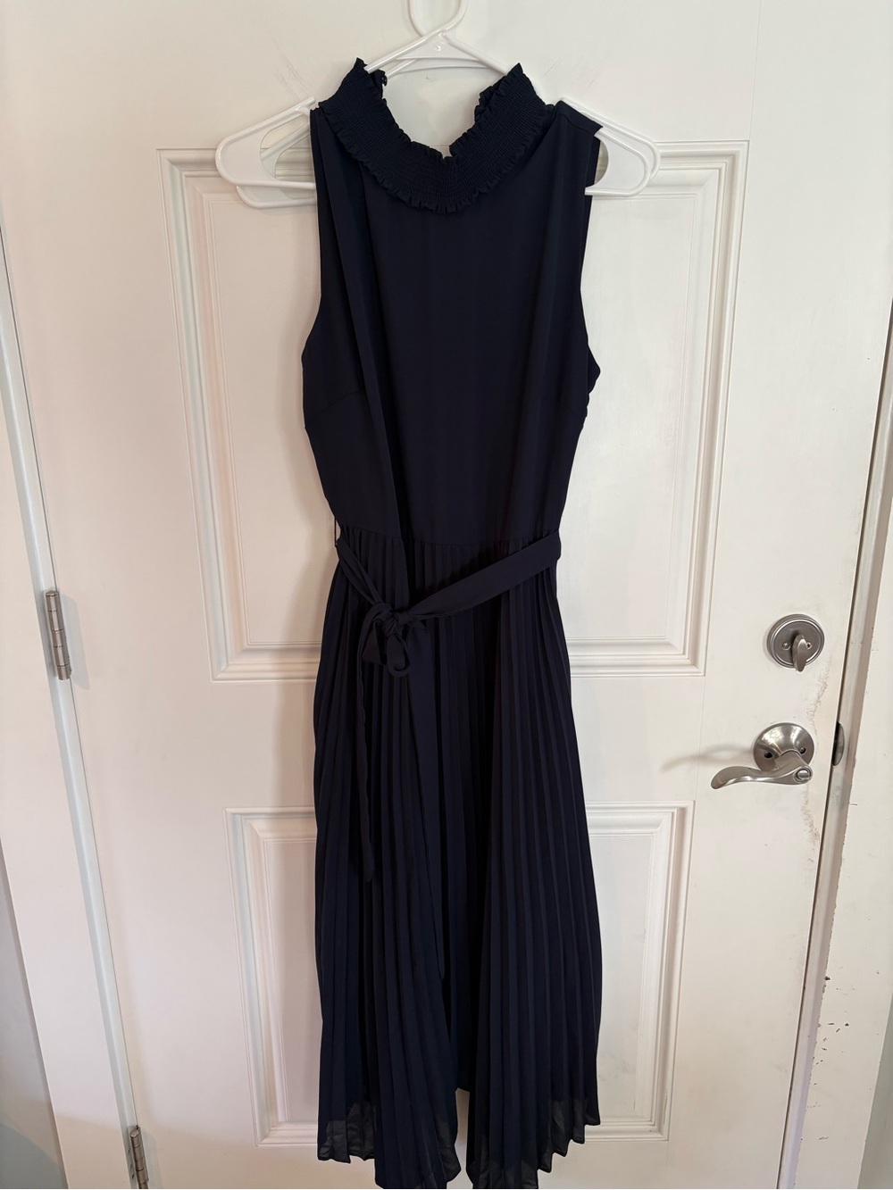 Nanette Lepore size 10  Navy Pleated Midi Dress with Tie Waist, high neck